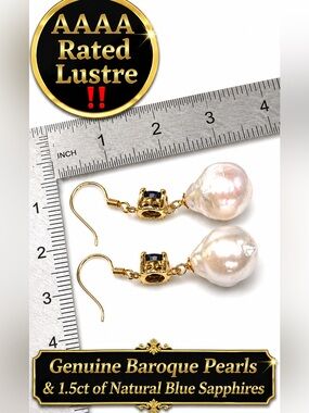 Sapphire & Baroque teardrop Pearl Earrings 14k yellow Gold Electroplated on 925